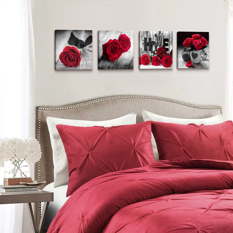 YOOOAHU Red Wall Decor for Bedroom Red Bathroom Accessories Black and White Canvas Wall Art Rose Pictures for Living Room Home Decorations Flower Painting Couples Bedroom Kitchen Modern Artwork 12x12"4Pcs/Set - Image 4